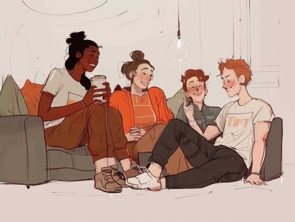 cartoon of people socializing in a living room