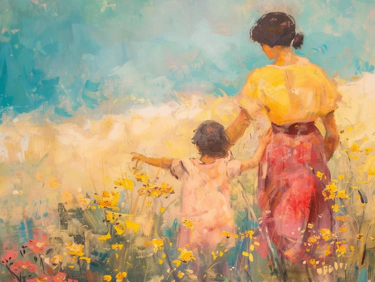 mom and child in a field