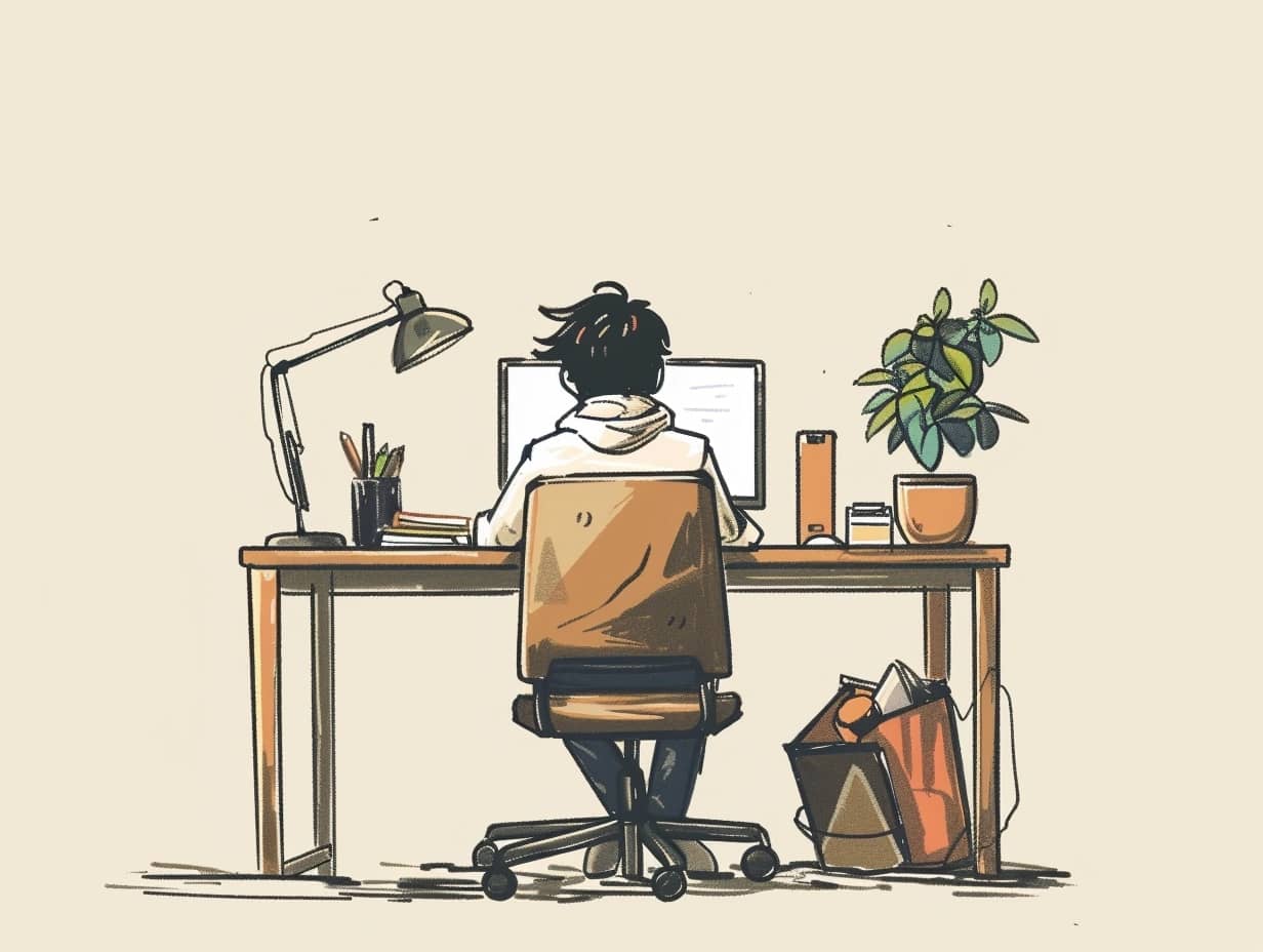 cartoon person working at desk