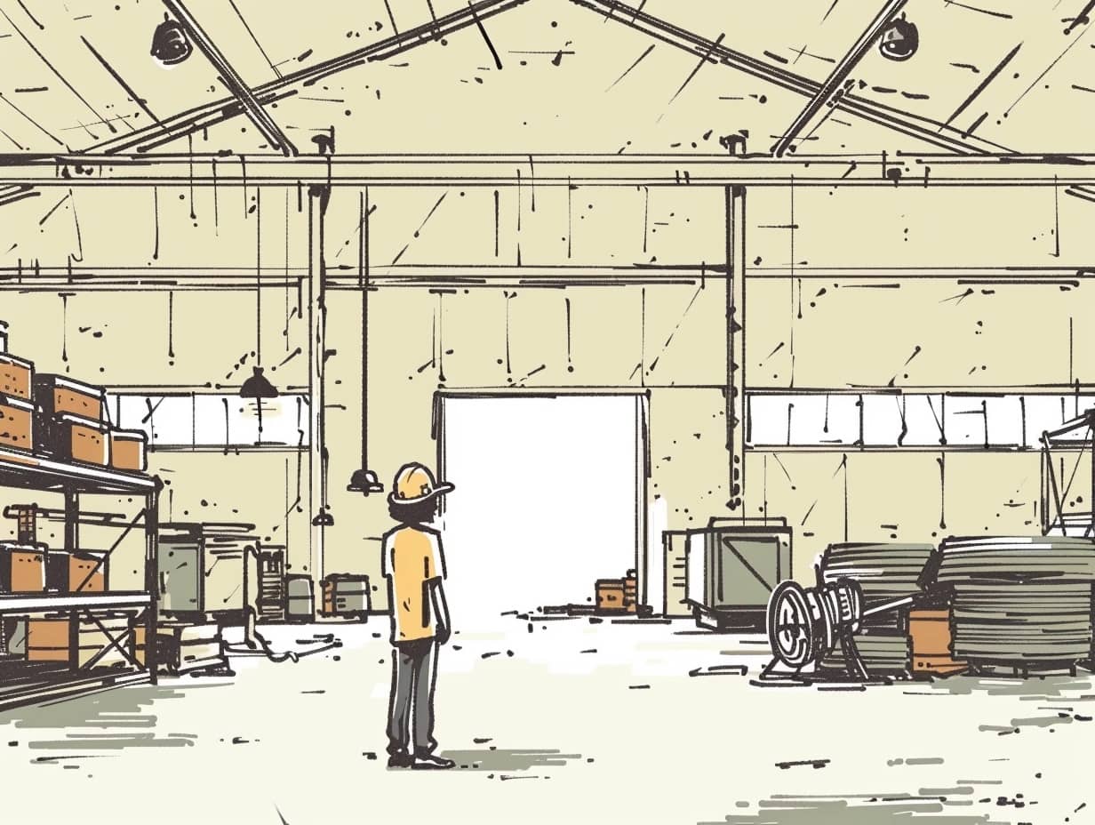 cartoon person looking around in warehouse