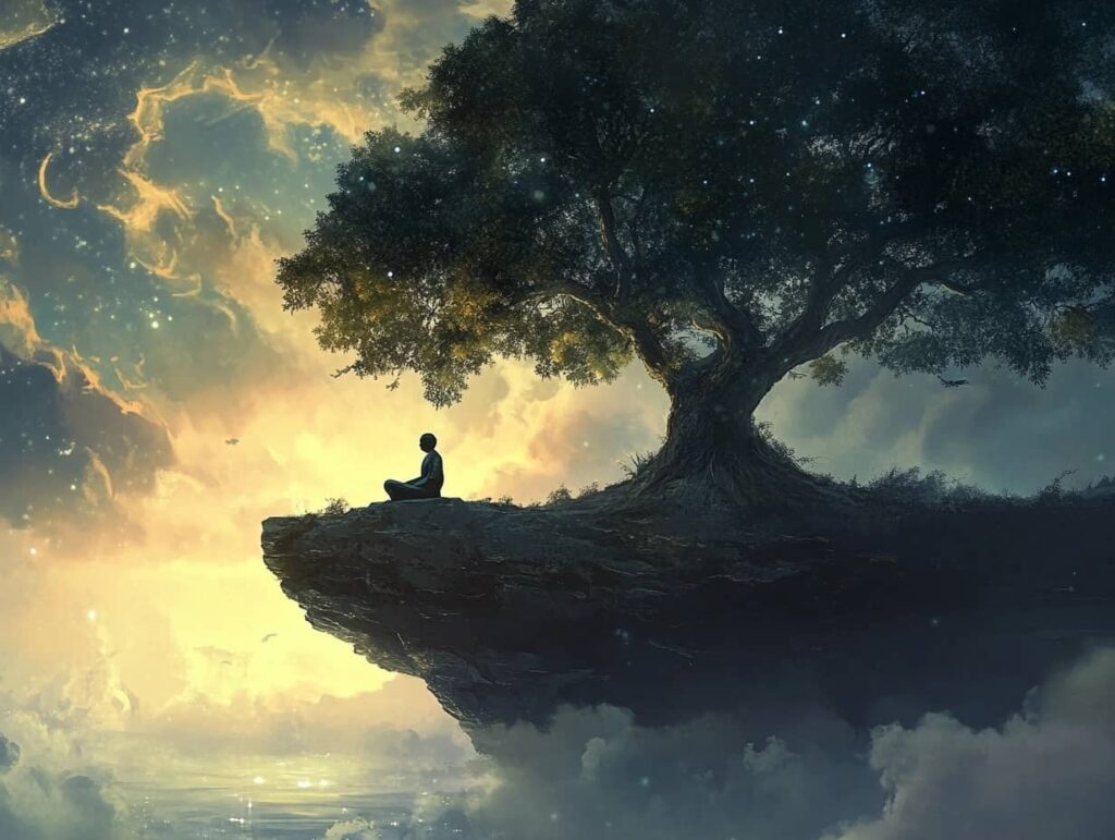 person meditating next to tree