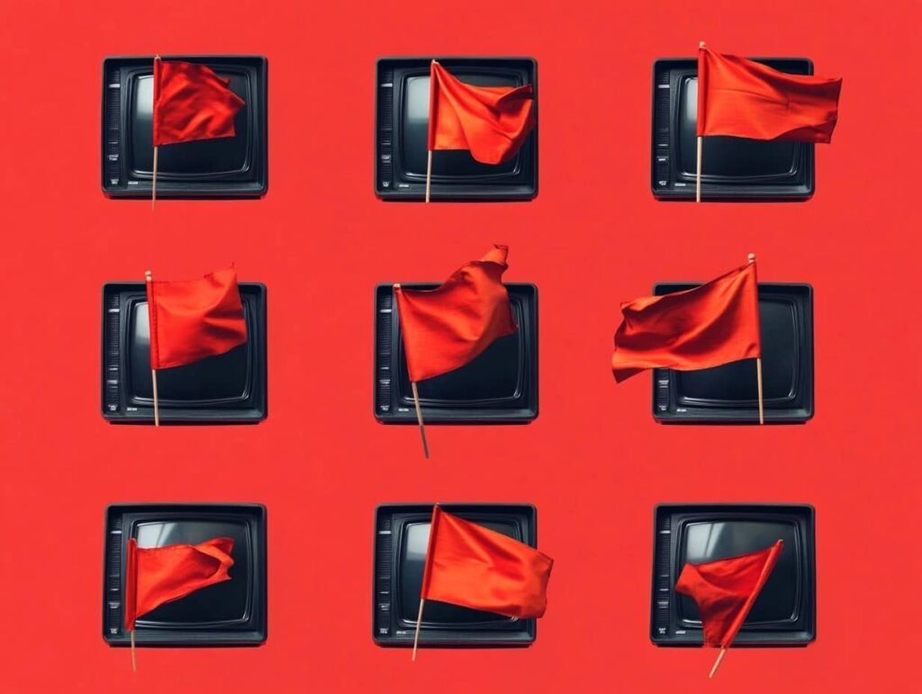 9 tv screens with red flags over them