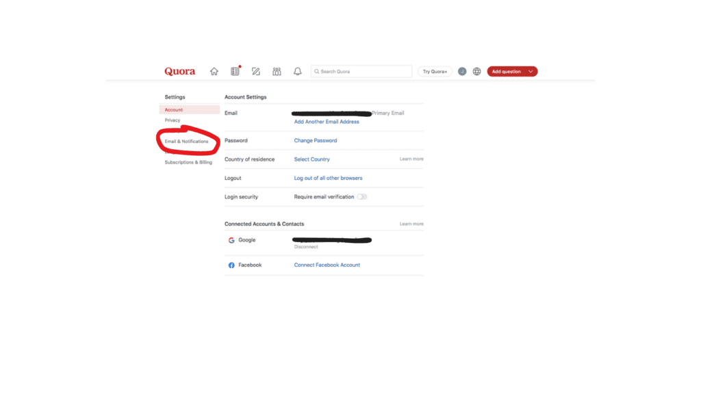 navigating to email and notifications on quora.com