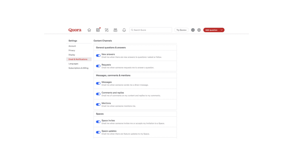a screenshot of a computer selecting which quora emails to recieve