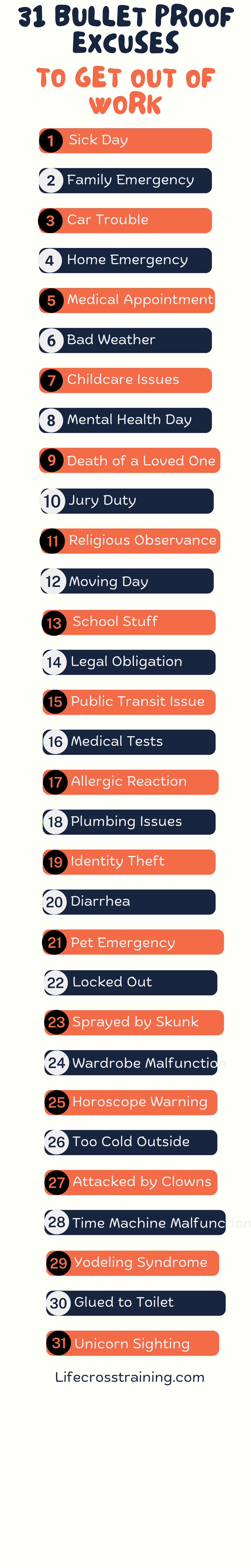 31 bulletproof excuses to get out of work infographic