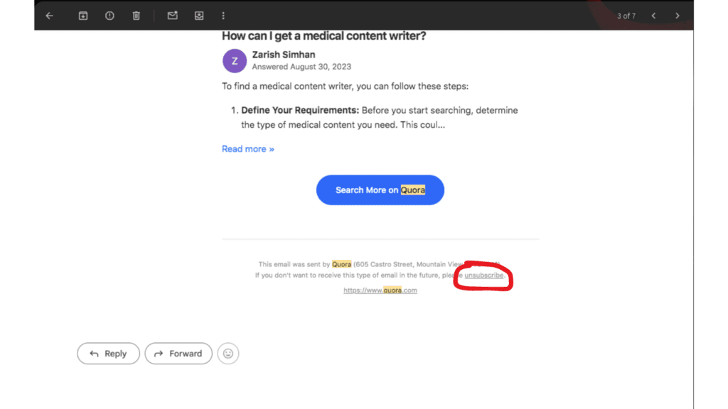 unsubscribing to quora at bottom of email