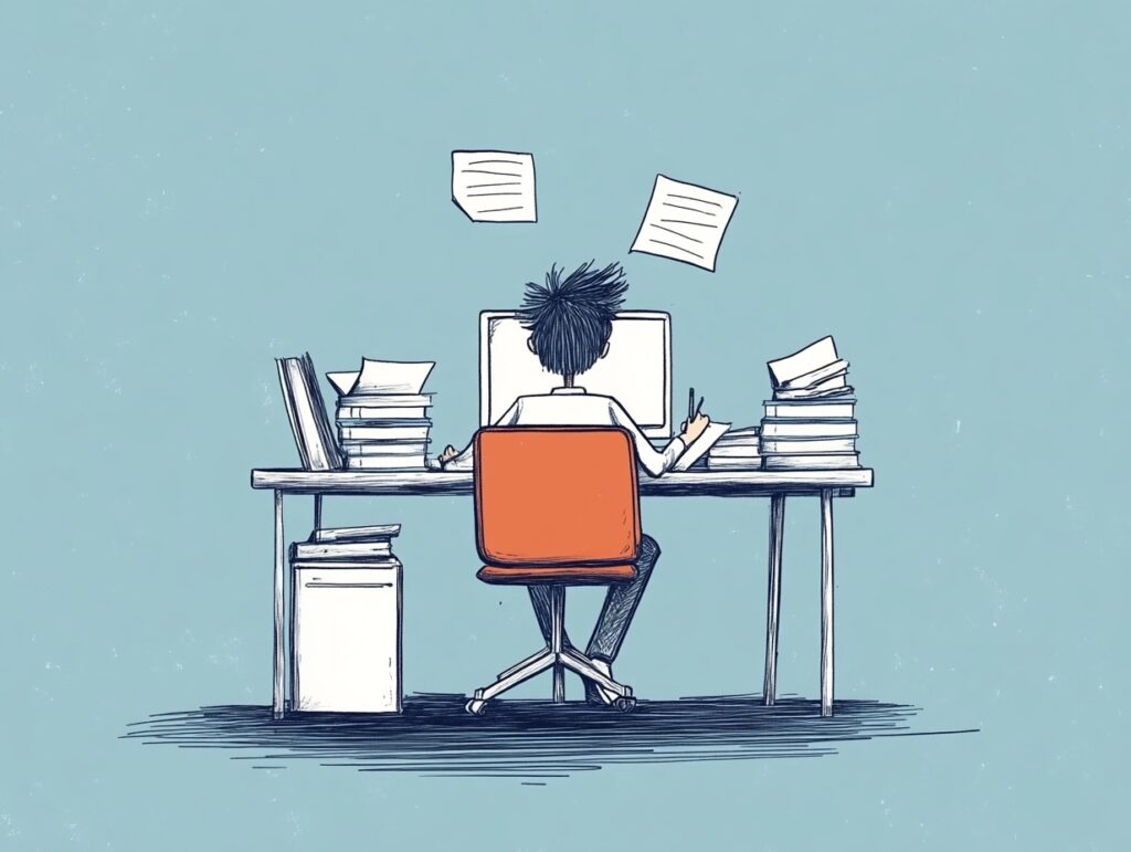 cartoon person working at desk