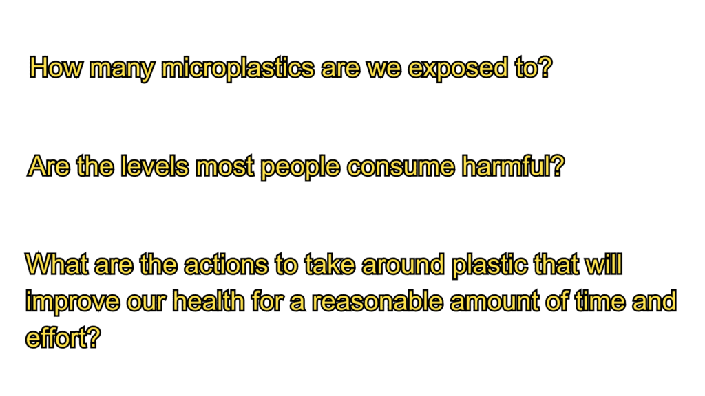 How many microplastics are we exposed to?

Are the levels most people consume harmful?

What are the actions to take around plastic that will improve our health for a reasonable amount of time and effort?