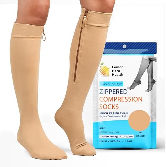 Zipper Compression Socks for Women and Men Closed Toe 20-30 mmhg Medical Zippered Compression Socks with Zip Guard for Skin Protection