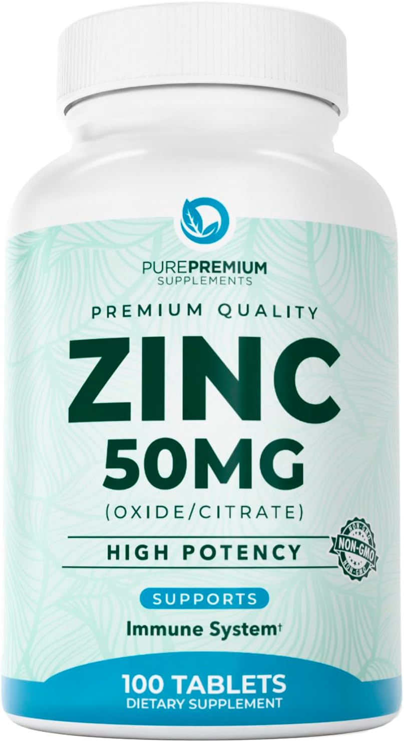 PurePremium Natural Zinc 50mg Supplements for Men/Women - GMP-Certified High Potency Vitamin Zinc Citrate/Oxide for Adults, Immune Antioxidant, Energy Support - 100 Tablets