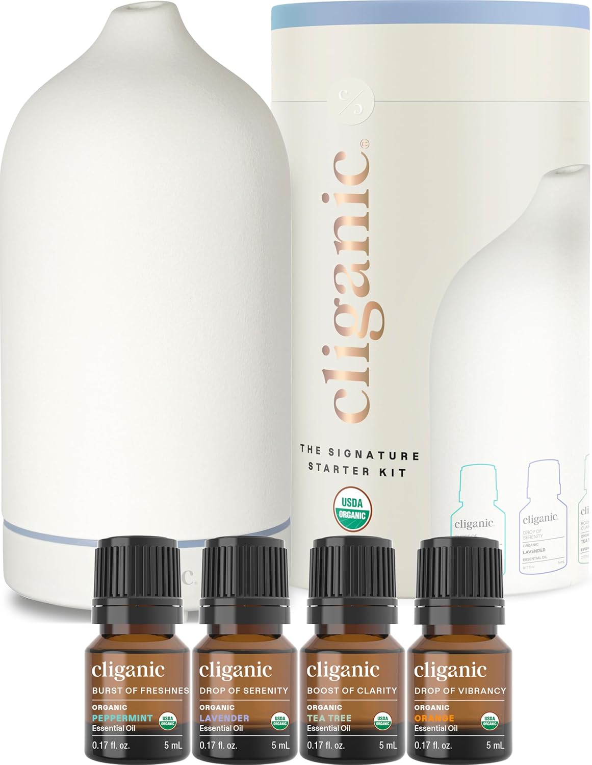 Cliganic Signature Essential Oils Starter Kit with Diffuser Set for Aromatherapy, Home & Office (White)