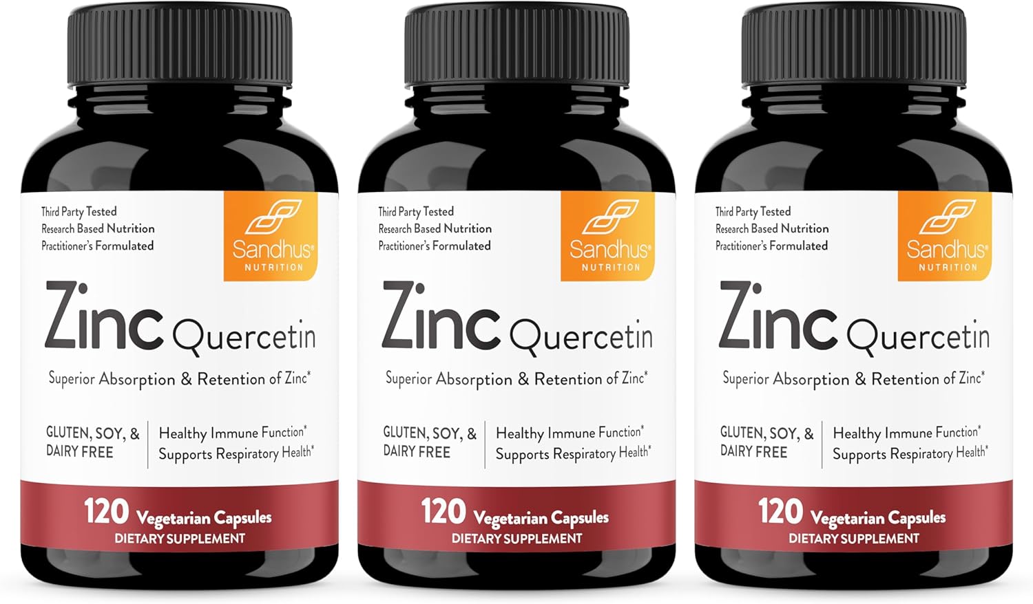 Sandhu's Zinc Quercetin 120 Vegetarian Capsules (Pack of 3) | Zinc Supplements for Antioxidant Immune Support for Men and Women | Gluten, Soy, Dairy Free