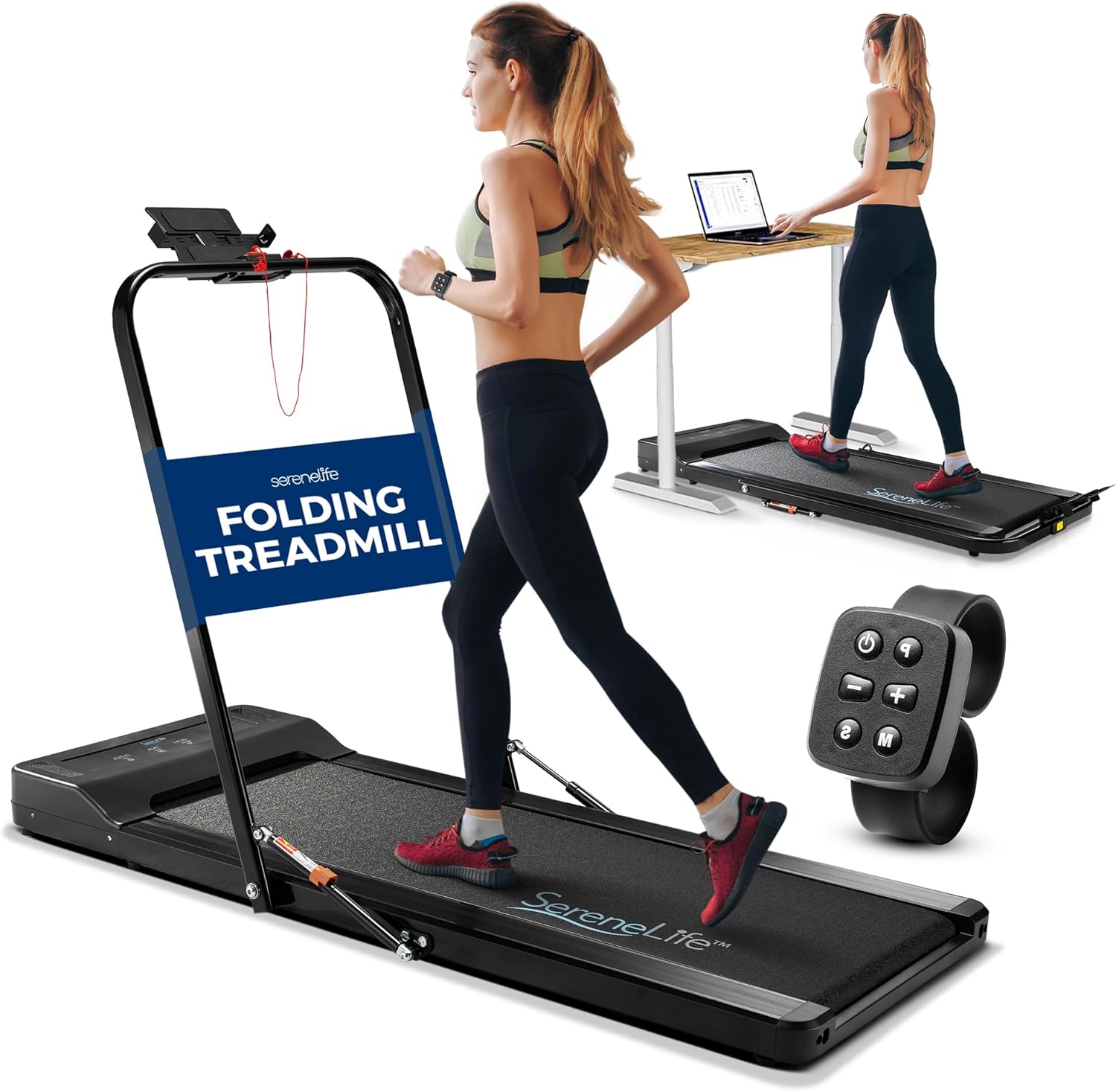 SereneLife Folding Treadmill – Electric Motorized Running Machine with 16 Pre-Set Workout Programs, Manual Incline, Bluetooth Streaming, Hydraulic Folding System for Home/Office Use | 59 x 25 x 42 in