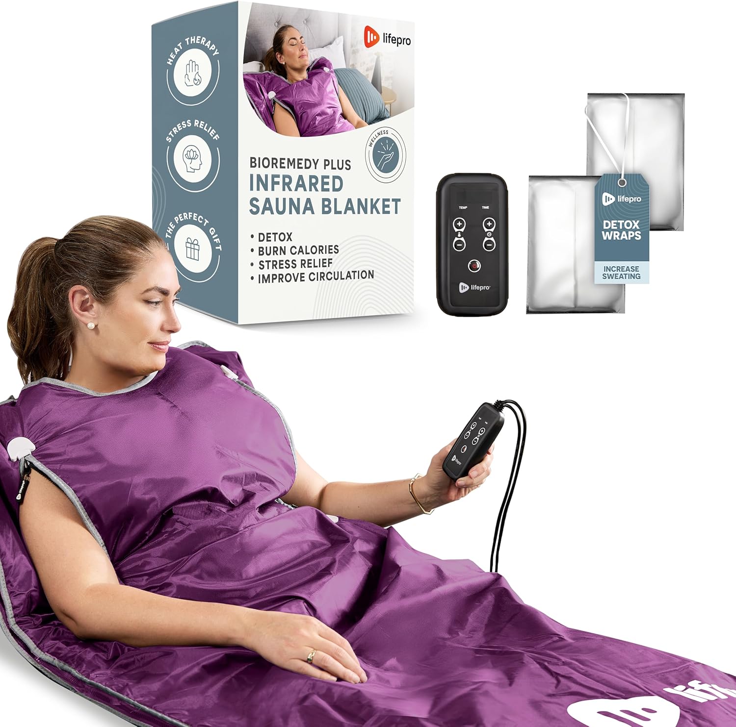 Lifepro BioRemedy Infrared Sauna Blanket - Portable Far Infrared Home Sauna for Detox, Tension and Relaxation - Adjustable Temperature (113-176°F) - Includes Carry Bag & Detox Wraps