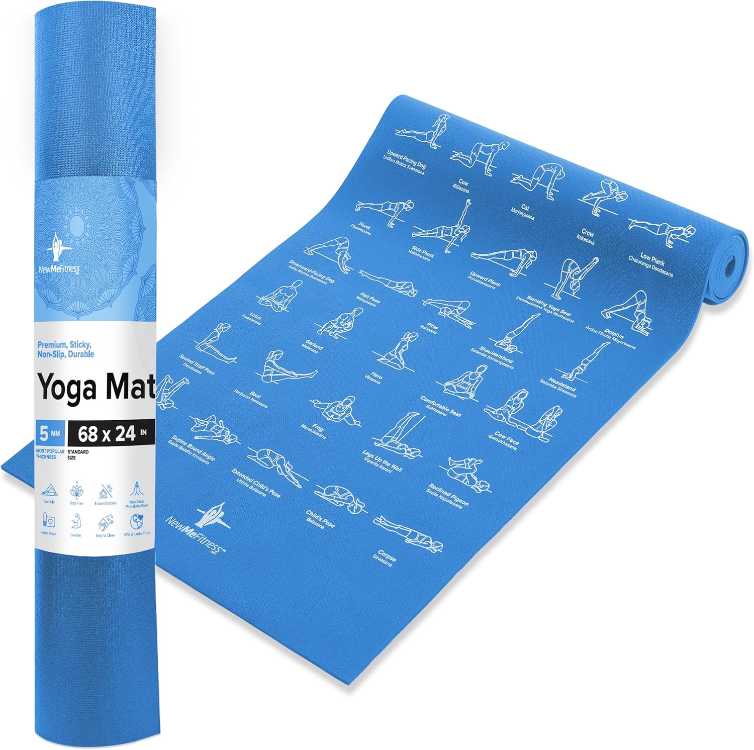 NewMe Fitness Yoga Mat for Women and Men - Large, 5mm Thick, 68 Inch Long, Non Slip Exercise Mats w/ 70 Printed Yoga Poses for Pilates, Workout and Stretching - Home and Gym Essentials - Blue