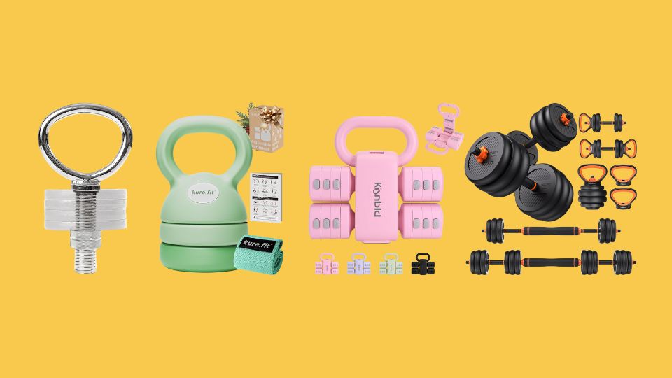 NewMe Fitness Adjustable Kettlebell Handle for Strength Training Kettlebell Set for Weight Plates, kure.fit Adjustable Kettlebell, kisnbld Adjustable Dumbbell Set of 2, 2 in 1 Free Weights Dumbbells & Kettlebell Set for Women with Fast Adjustment, FEIERDUN Adjustable Dumbbells, 90lbs Free Weight Set with Connector