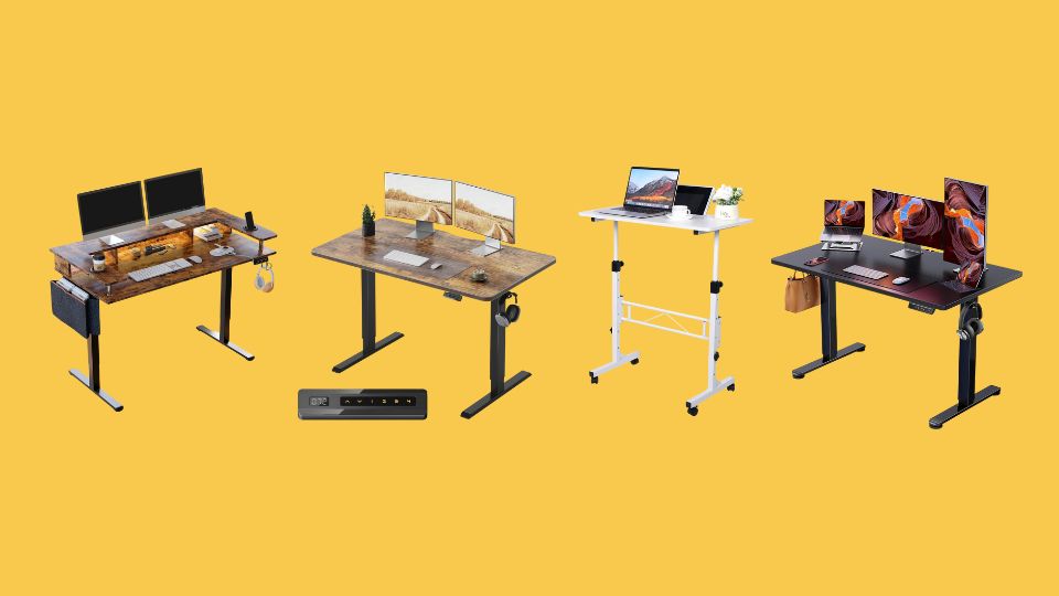 Bestier LED Electric Standing Desk Adjustable Height, 58x26 Inch Large Sit Stand Desk with Monitor Stand, Ergonomic Rising Desk for Home Office Workstation, Headphone Hook Storage Bag Brown, FEZIBO Electric Standing Desk, 48 x 24 Inches Height Adjustable Stand up Desk, Sit Stand Home Office Desk, Computer Desk, Rustic Brown, KLSMYHOKI Portable Standing Desk Adjustable Height, Small Computer, Laptop, Mobile Stand Up Rolling Desk with Wheels, Table for Home Office, 16"x31.5" Height 27"-43.5", White, ErGear Height Adjustable Electric Standing Desk, 47.2 x 23.6 Inches Sit Stand up Desk, Memory Computer Home Office Desk with Two-Piece Desktop (Black)