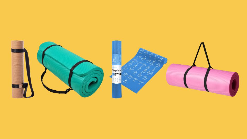 Sweet Sweat Yoga Mat (Dual Sided) - Fitness & Exercise Mat with Easy-Cinch Yoga Mat Carrier Strap (72"L x 24"W), BalanceFrom All-Purpose 1-Inch Extra Thick High Density Anti-Tear Exercise Yoga Mat with Carrying Strap (Green), NewMe Fitness Yoga Mat for Women and Men - Large, 5mm Thick, 68 Inch Long, Non Slip Exercise Mats w/ 70 Printed Yoga Poses for Pilates, Workout and Stretching - Home and Gym Essentials - Blue, Amazon Basics 1/2 Inch Extra Thick Exercise Yoga Mat with Carrying Strap, Cushioned Support, for Fitness and Gym Workouts